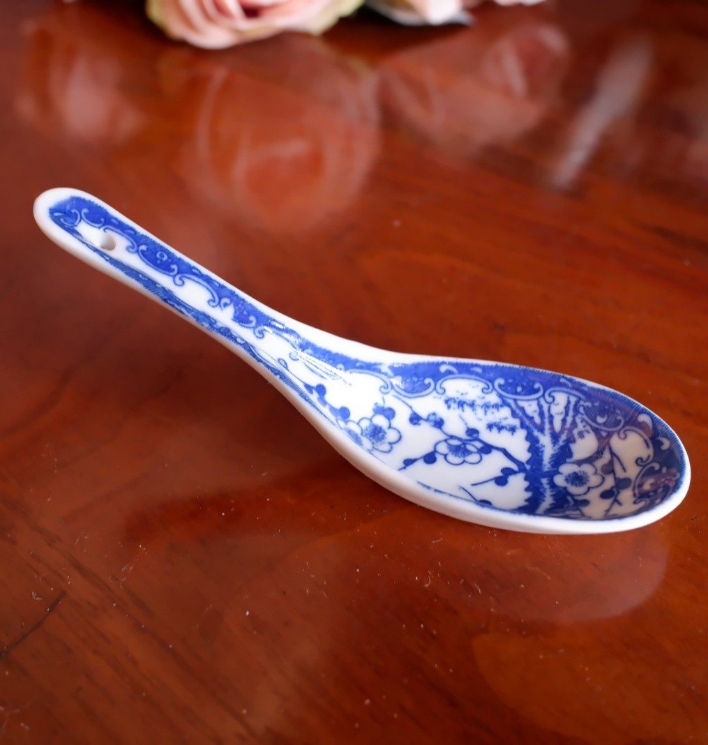 Antique Bone China Blue & White Porcelain Serving SPOON Cherry Blossom Japanese