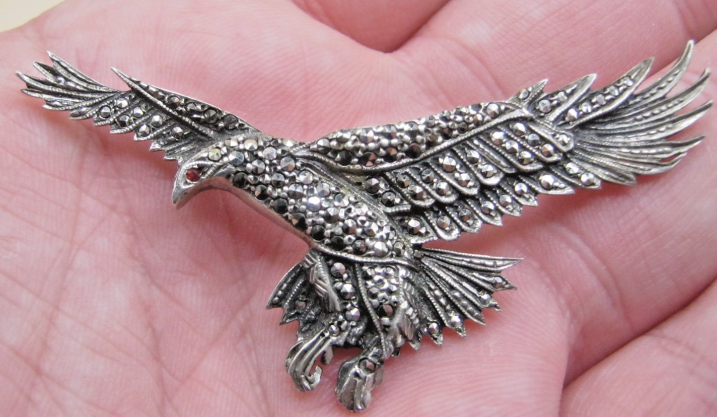 Vintage Marcasite & Gemstone Brooch Of An American Eagle Marked STERLING