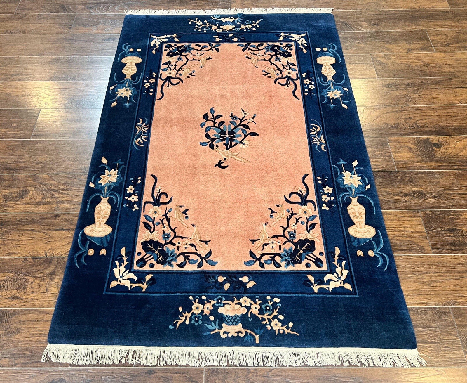 Antique Peking Silk Road Rug Vases & Bird Motifs Handmade Oriental Wool Mer