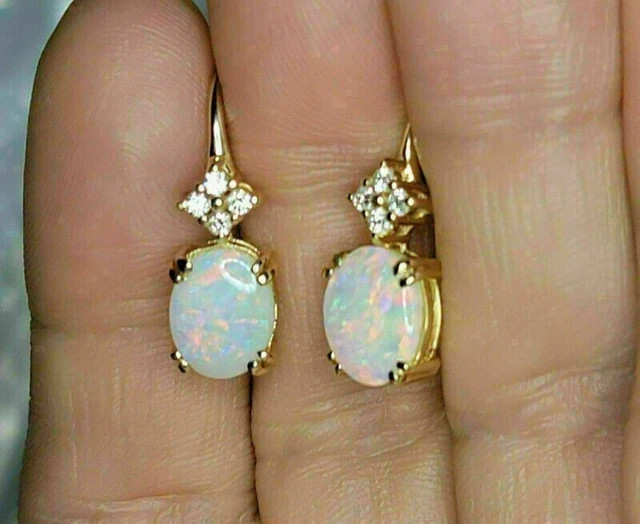 4Ct Oval Cut Fire Opal & Diamond Drop & Dangle Earrings 14k Yellow Gold Finish