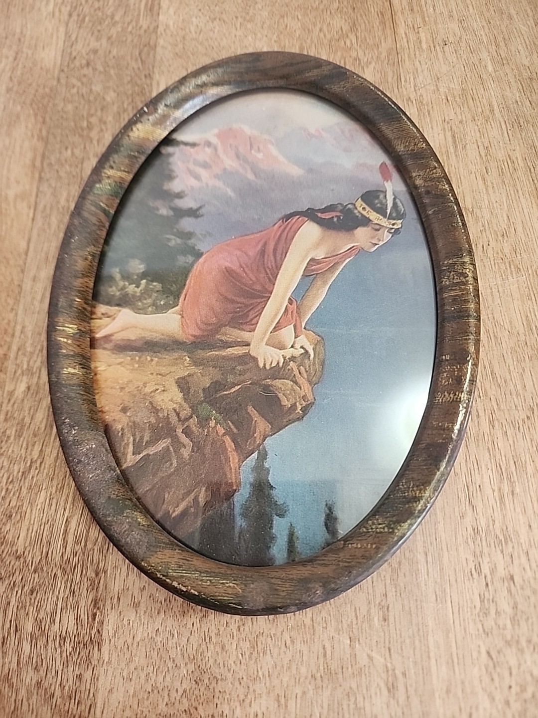 Vintage Scene Indian Maiden Looking Over a Cliff In Faux Wood Metal Oval Frame