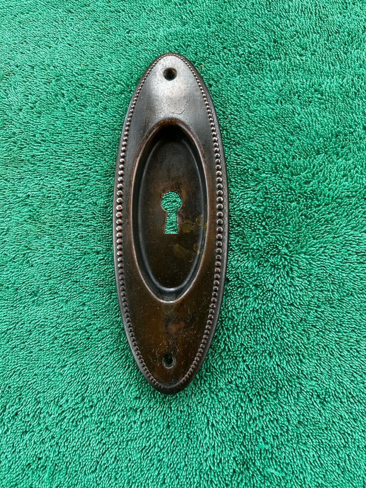 One Oval Pressed Brass Beaded Edge Pocket Door Pull w/Keyhole, Free S/H