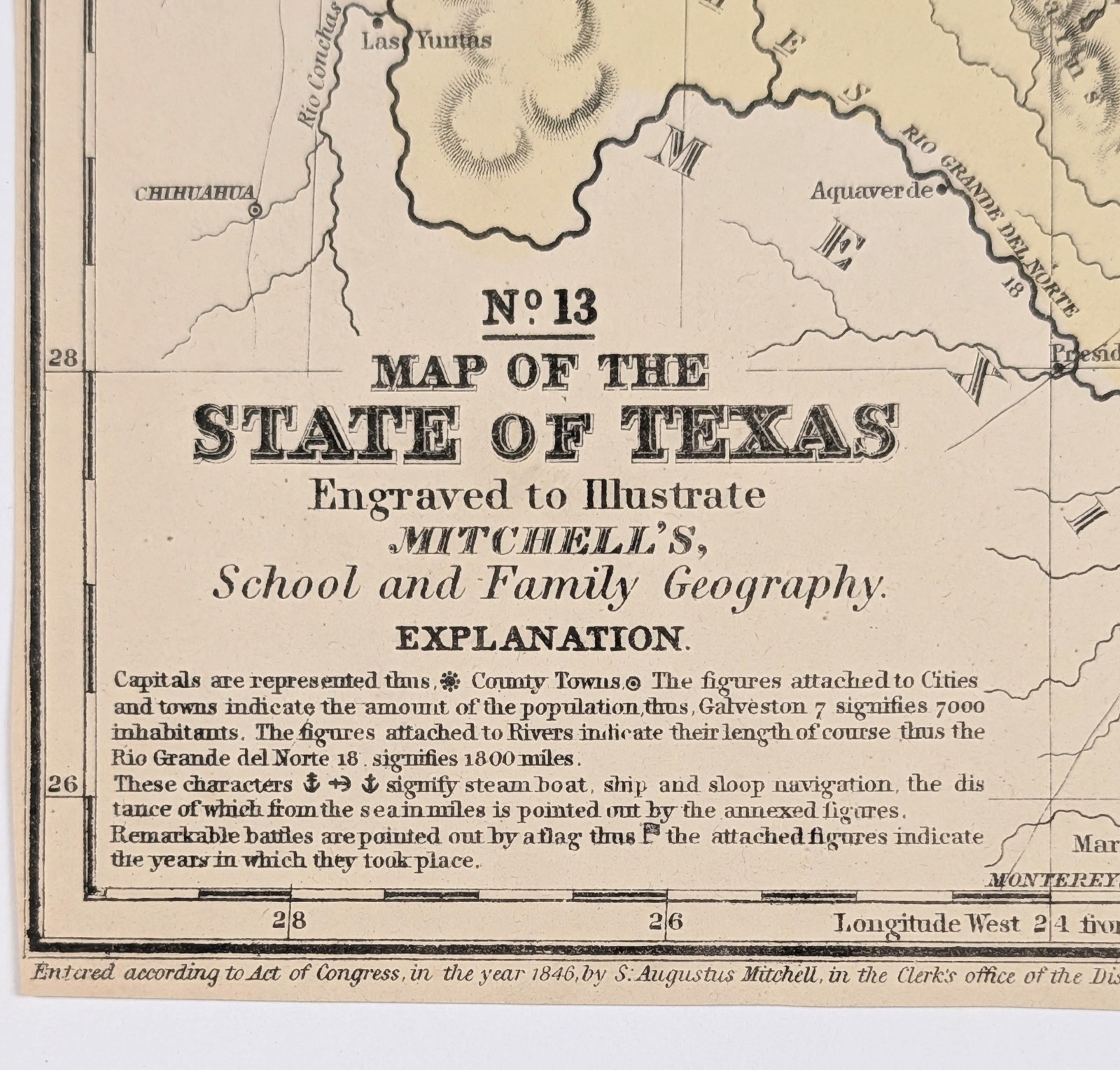 1846 TEXAS Map ORIGINAL S.A. Mitchell Kiowa – Pawnee – San Antonio De Bexar