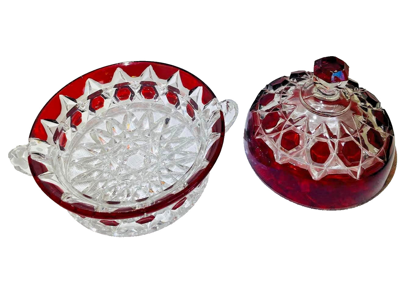EAPG CLEAR with ruby stain BRYCE “RED BLOCK” COVERED BUTTER DISH 1890’s Doyal Co