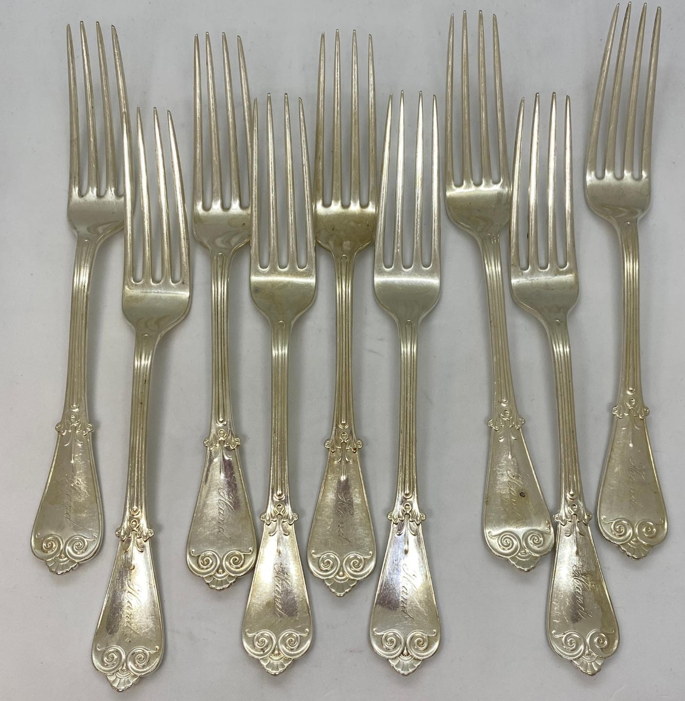 Tiffany Sterling Tiffany 1869 Dinner Fork 8 7/8″ Monogram Set of 9 TIFF2