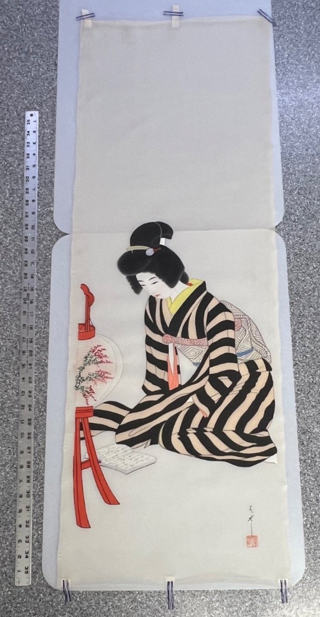 Vtg Japanese silk scroll painting unmounted bijin-ga kimono yukata shin hanga