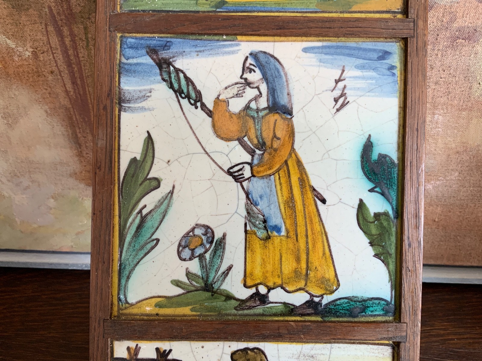 French Antique Hand Painted Faience Tiles Set/3 Framed Circa 1920