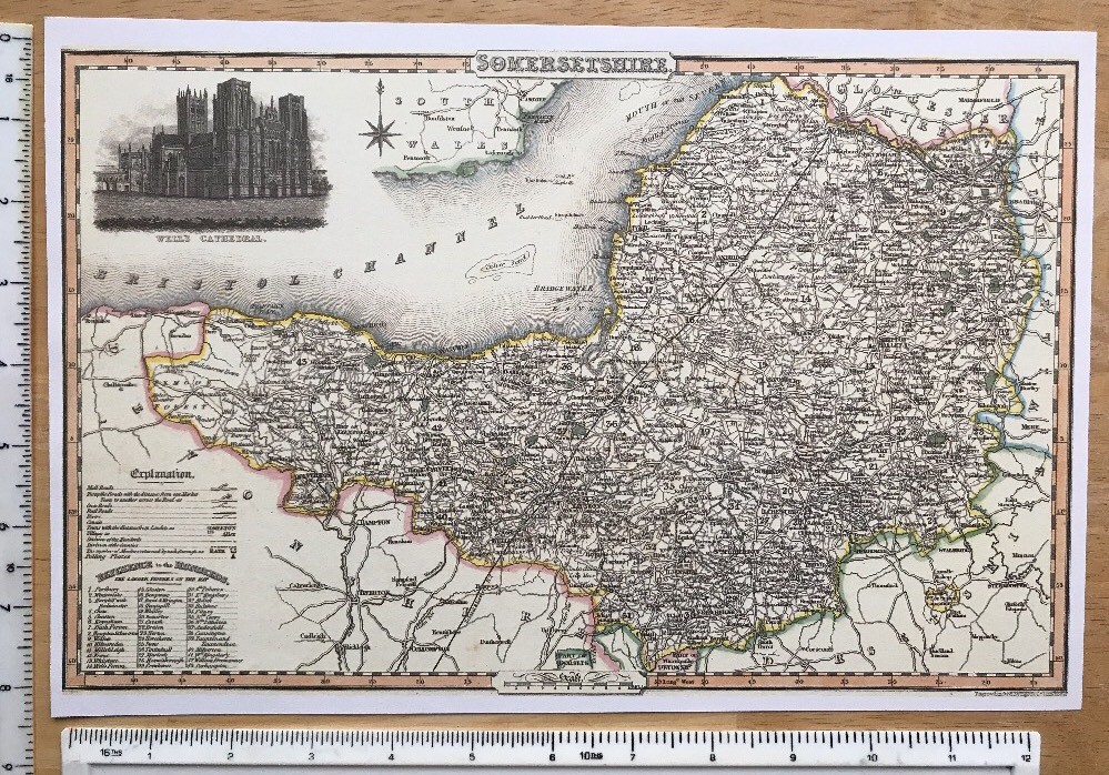Old Victorian Colour Map Somerset: 1840 Pigot: Historical, Antique: Reprint