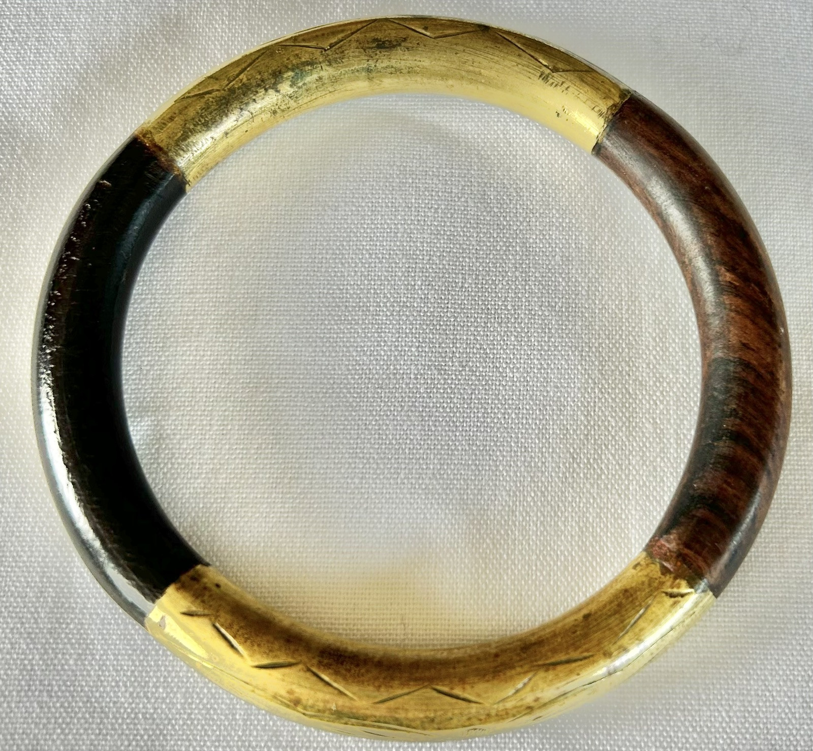 Asian Chinese M/L Etched Brass Rattan Wood Bangle Bracelet – VG