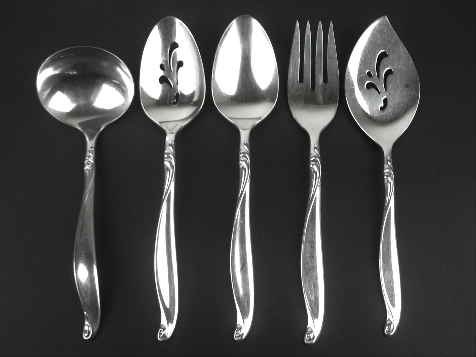 Set 5 x Serving Pc Pie Meat Fork Spoon + Ladle Oneida 1881 Rogers Skyward 1963