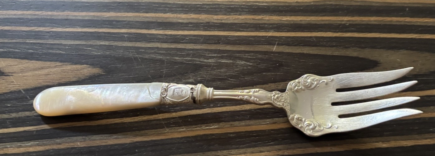 Antique Silverplate SERVING FORK Mother of Pearl STERLING Collar Ornate AS IS