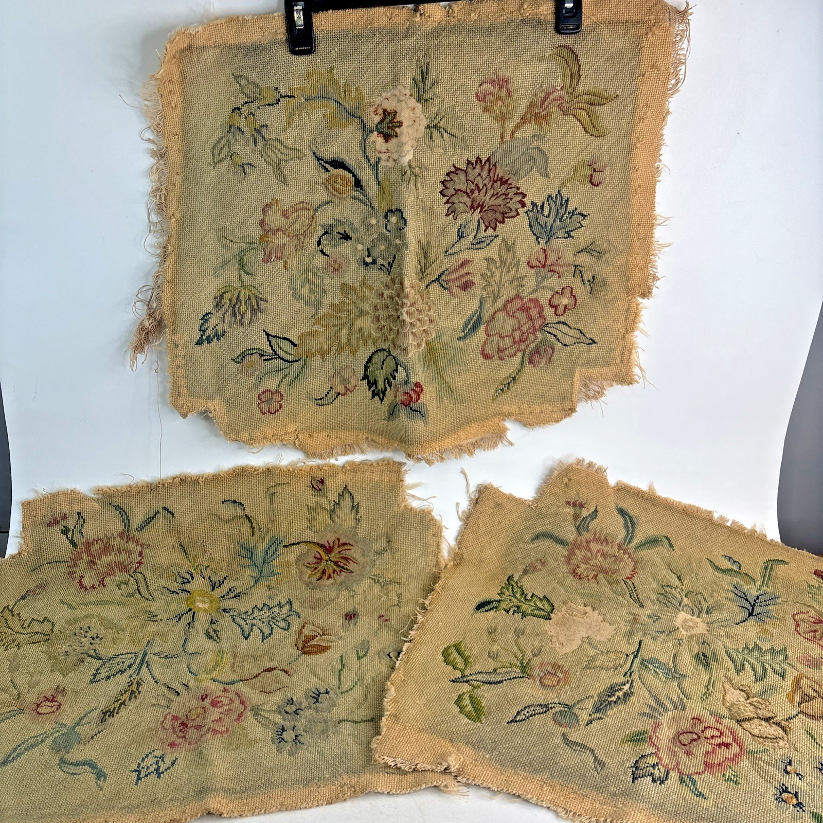 3 Matching Antique Handmade Floral Needlepoint Tapestry Seat Covers UNFINISHED