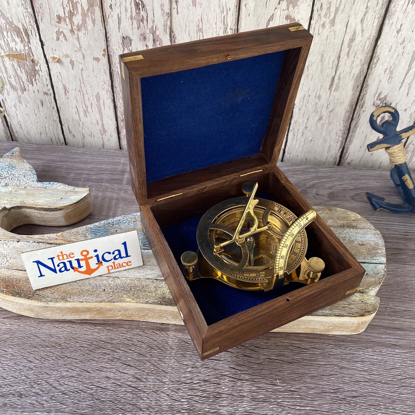 Large 3.75″ Brass Sundial Desk Compass w/ Wooden Box – Old Vintage Antique Style