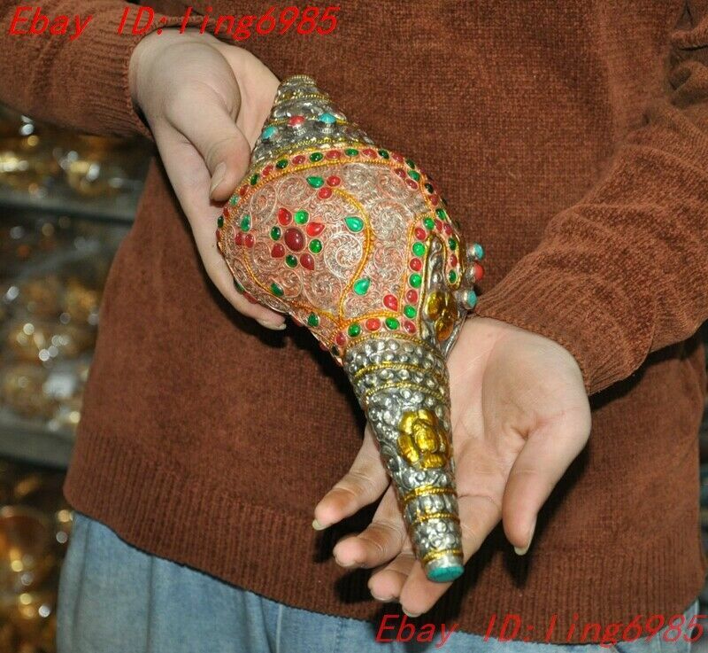 Tibet Conch Seashell Shell Tibetan silver Inlay gem Conch Trumpet Horn Shell