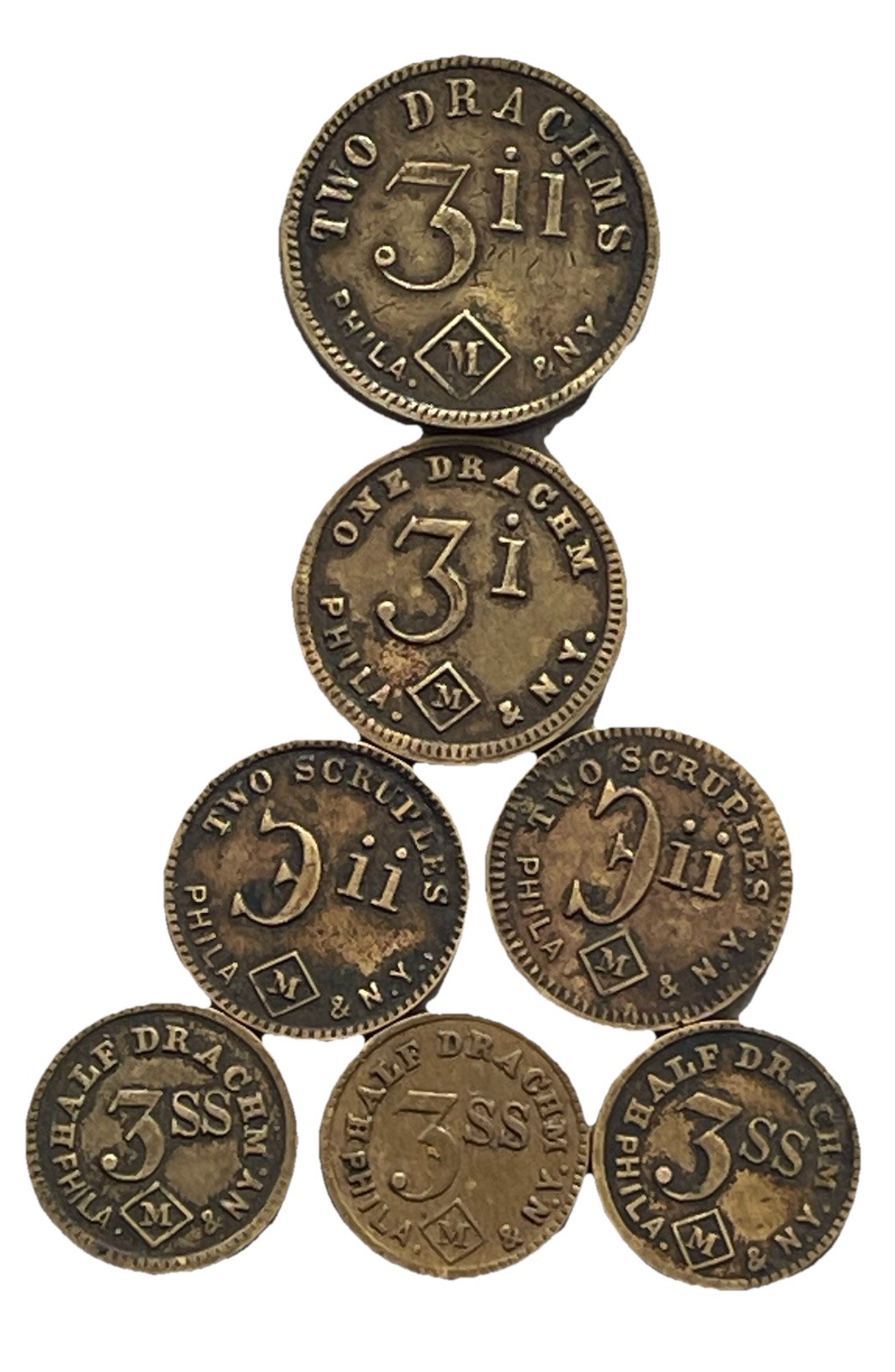 Lot of 7 Apothecary Wieghs Drachms Scruples Tokens PHILA & N.Y. by John Maris