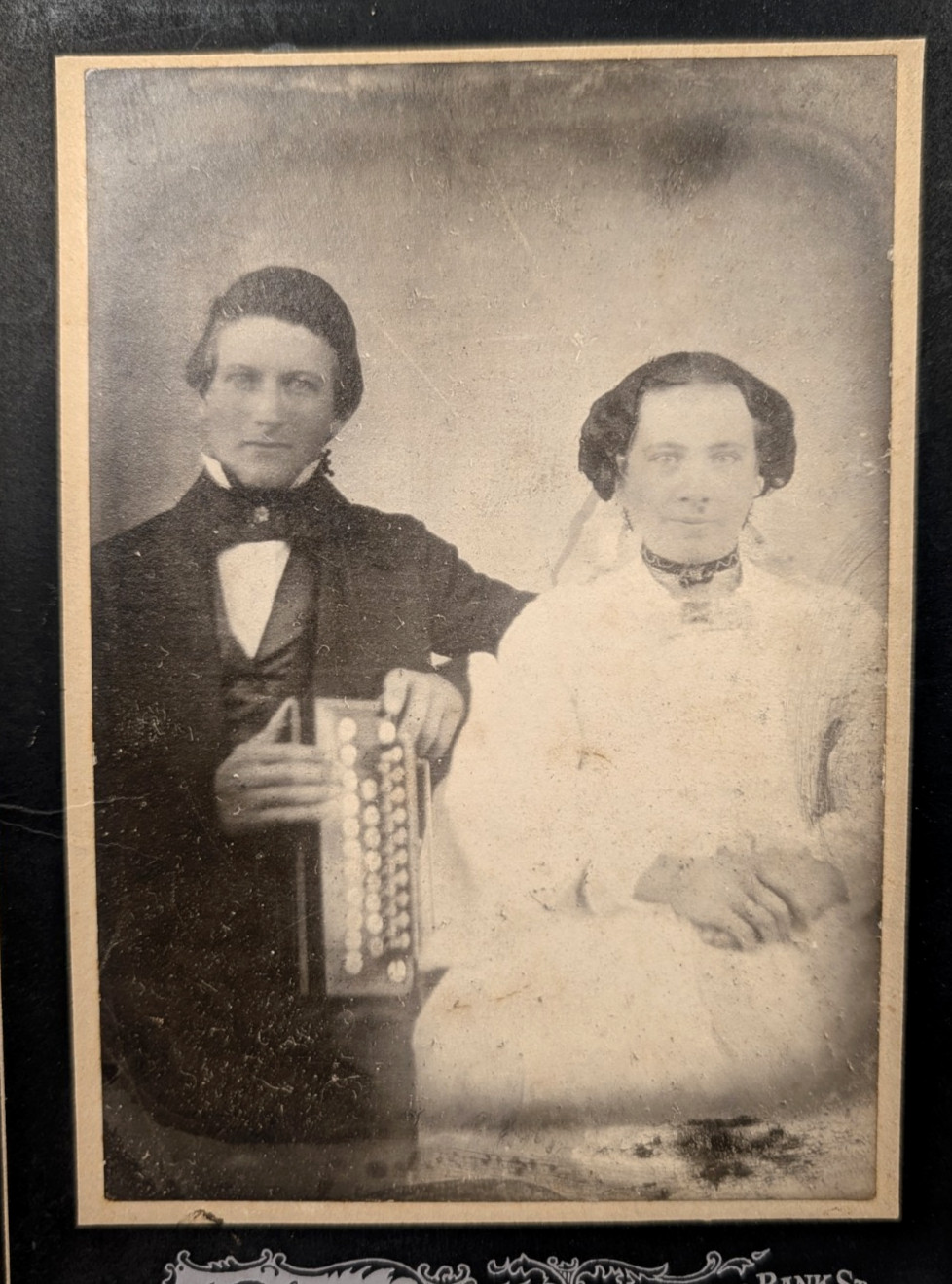 Antique Man & Woman Cabinet Card Portrait Photo w Flutina Accordion Baltimore MD