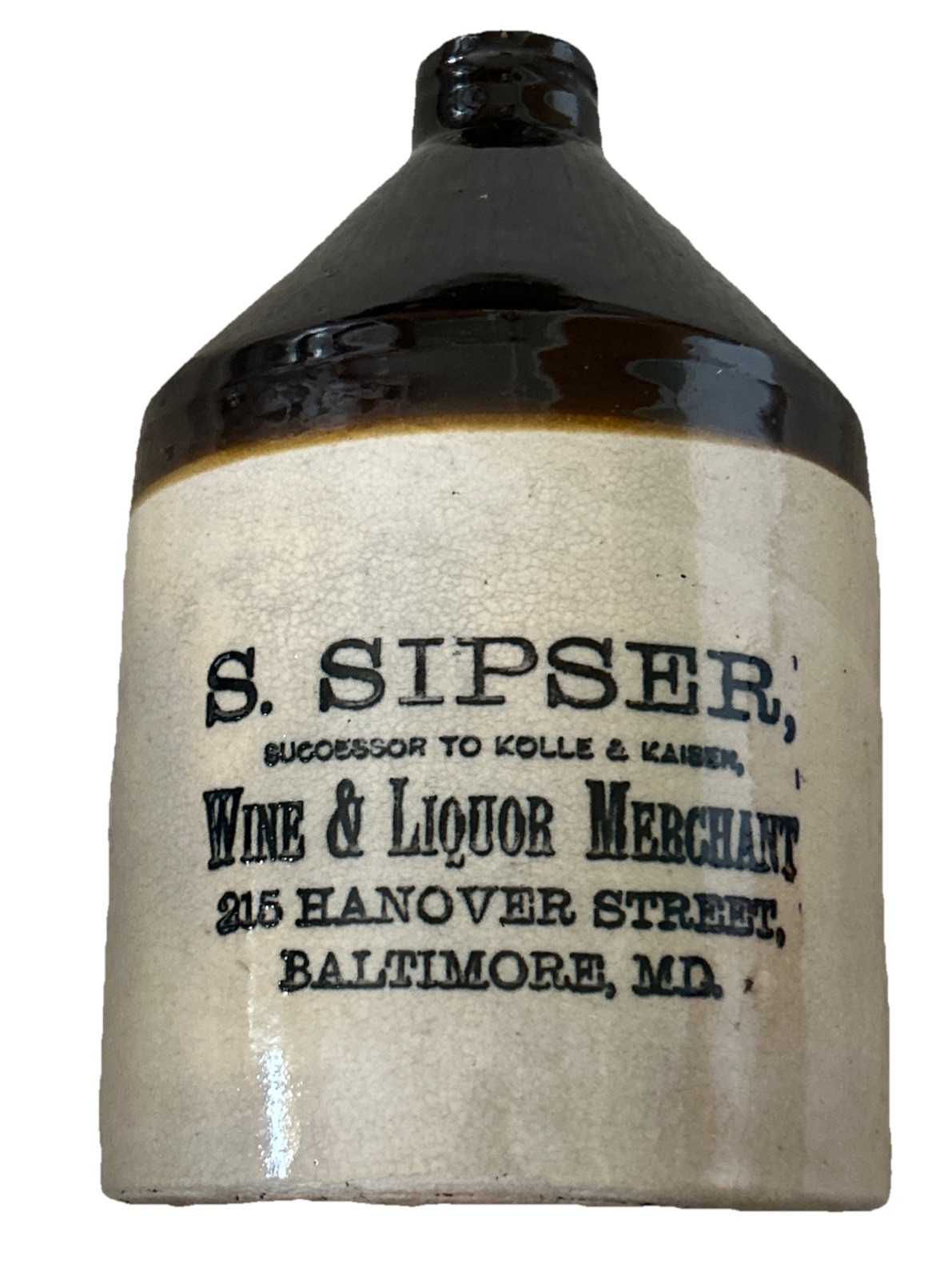 S. Sipser Wine Liquor Merchant Hanover Baltimore MD Stoneware Jug 1/2 Gal Rare