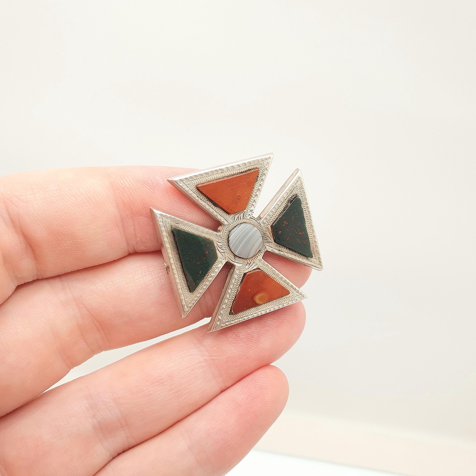Antique Victorian Solid Silver Maltese Cross Brooch Pin Scottish Montrose Lace