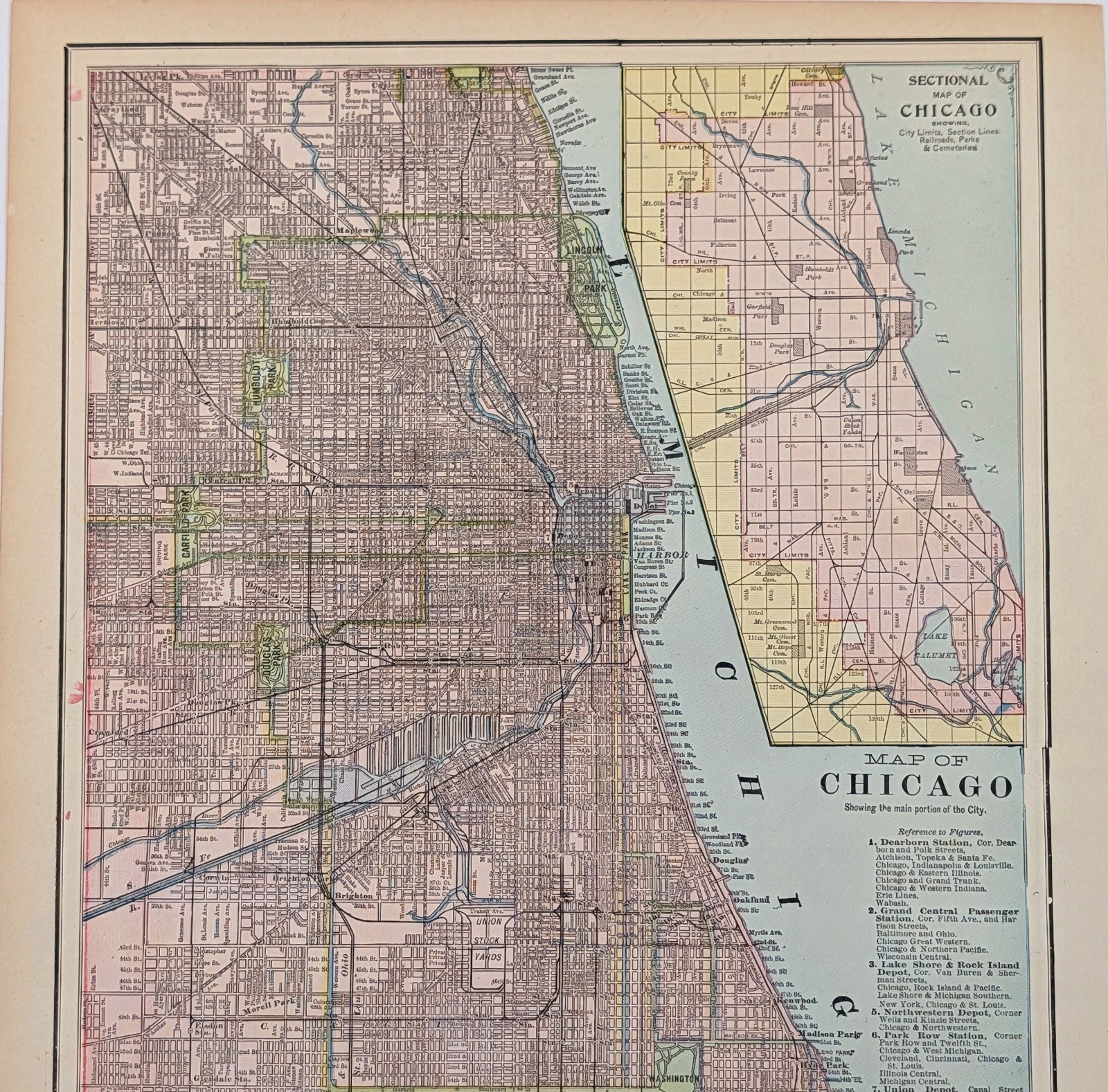 1896 Chicago Map ORIGINAL Lincoln Park Jackson Park Harbor Railroads