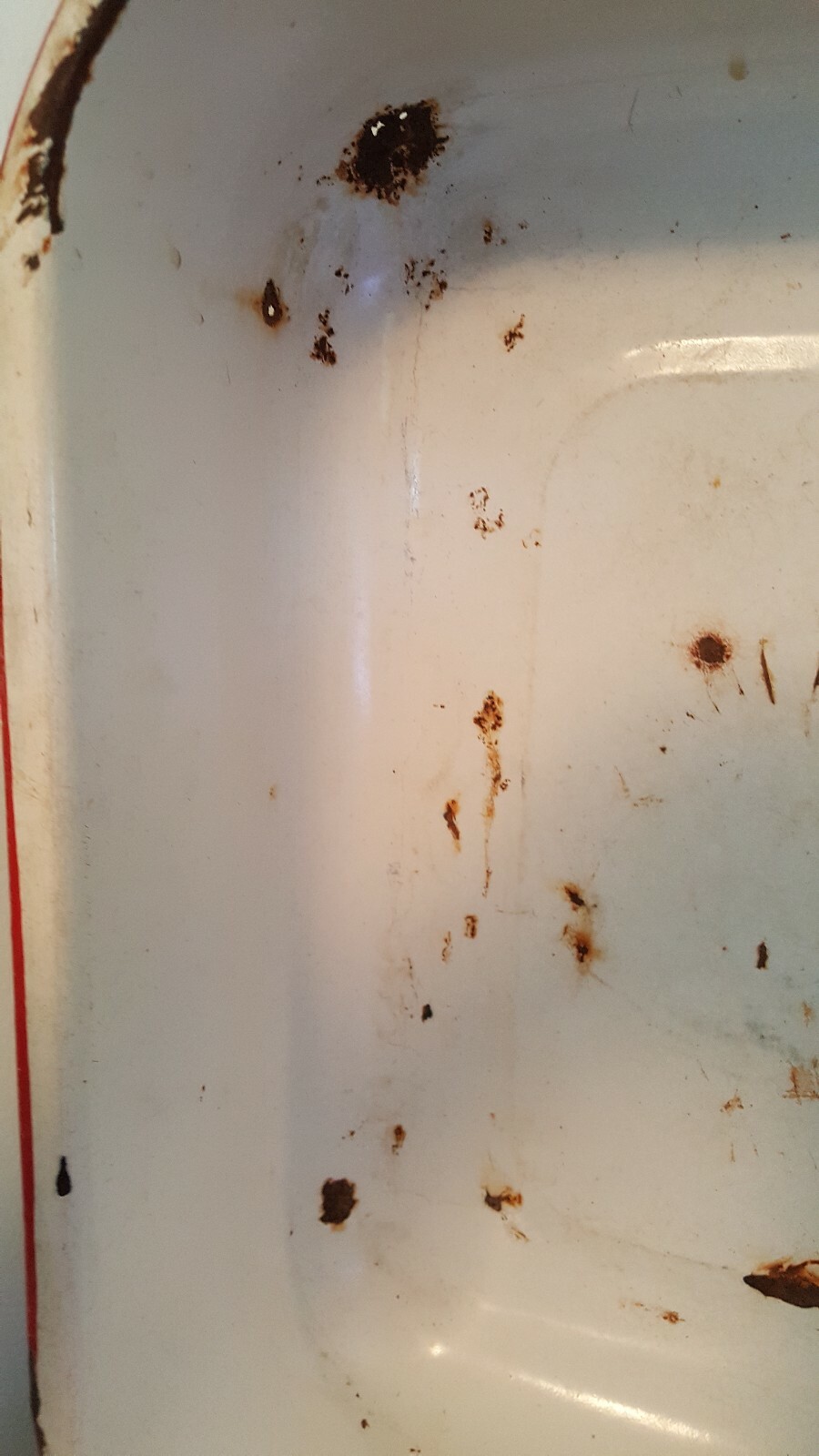 13.VTG Dish or Wash Pan, Enamelware, White with Red Trim, 16.75″ X 11.25″ X 4.5″