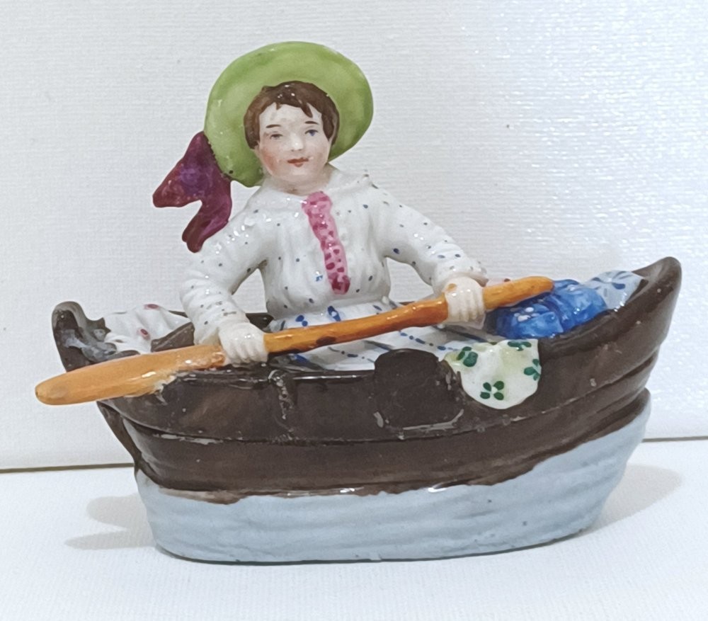 Antique Staffordshire Boat Shape Matchbox Striker, Young Man Rowing Gondola #214