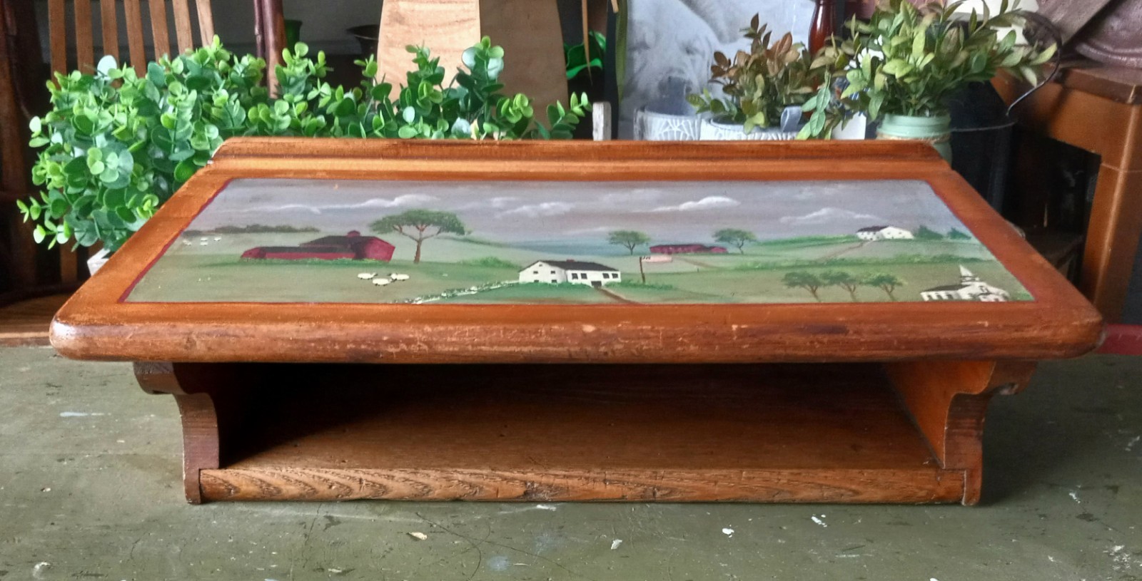 Vintage Solid Oak Hand Painted Folk Art 1940’s Tabletop Desk Original Heavy RARE