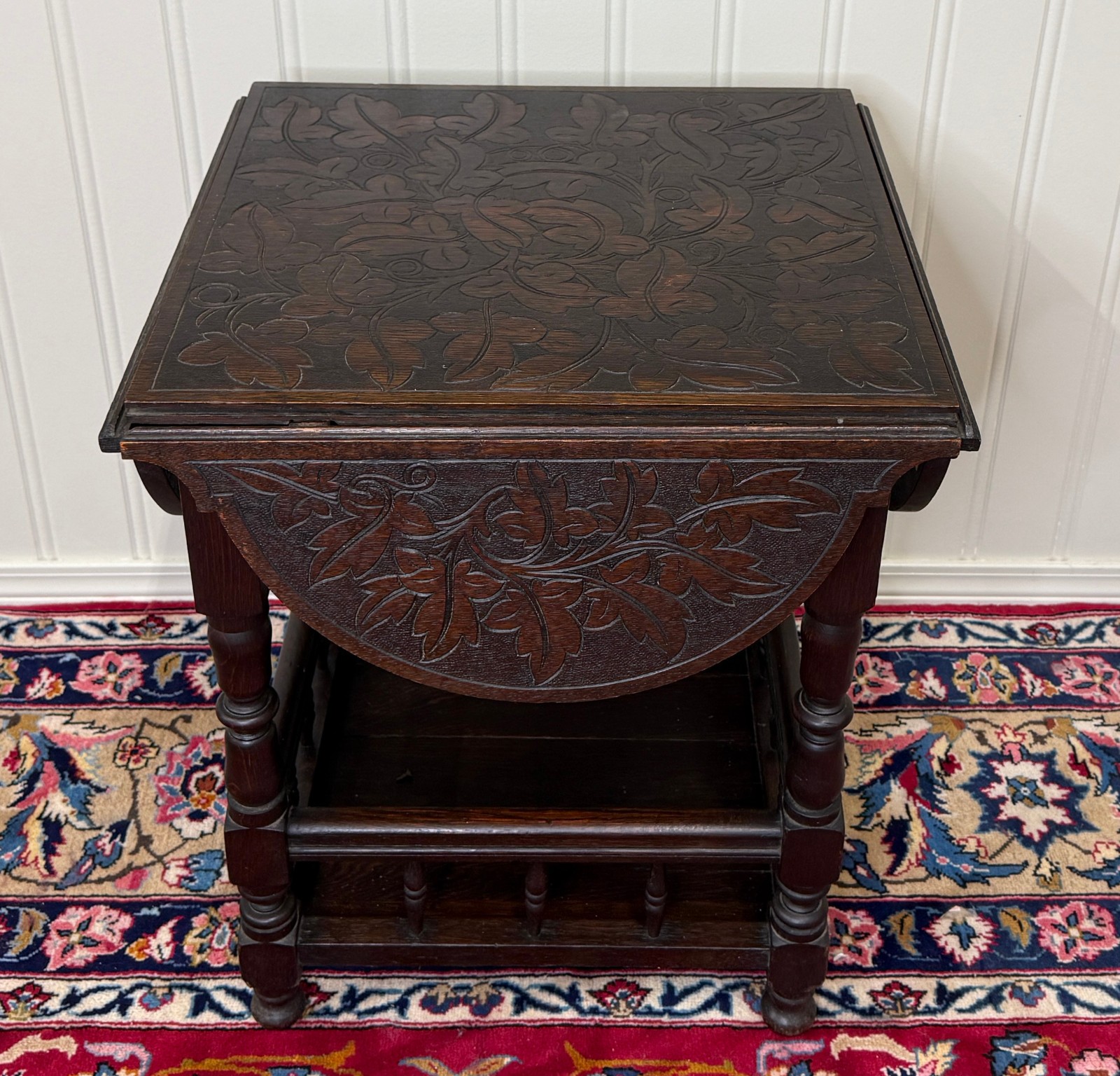 Antique English Cloverleaf Side Table Carved Top Lower Gallery Oak c. 1900