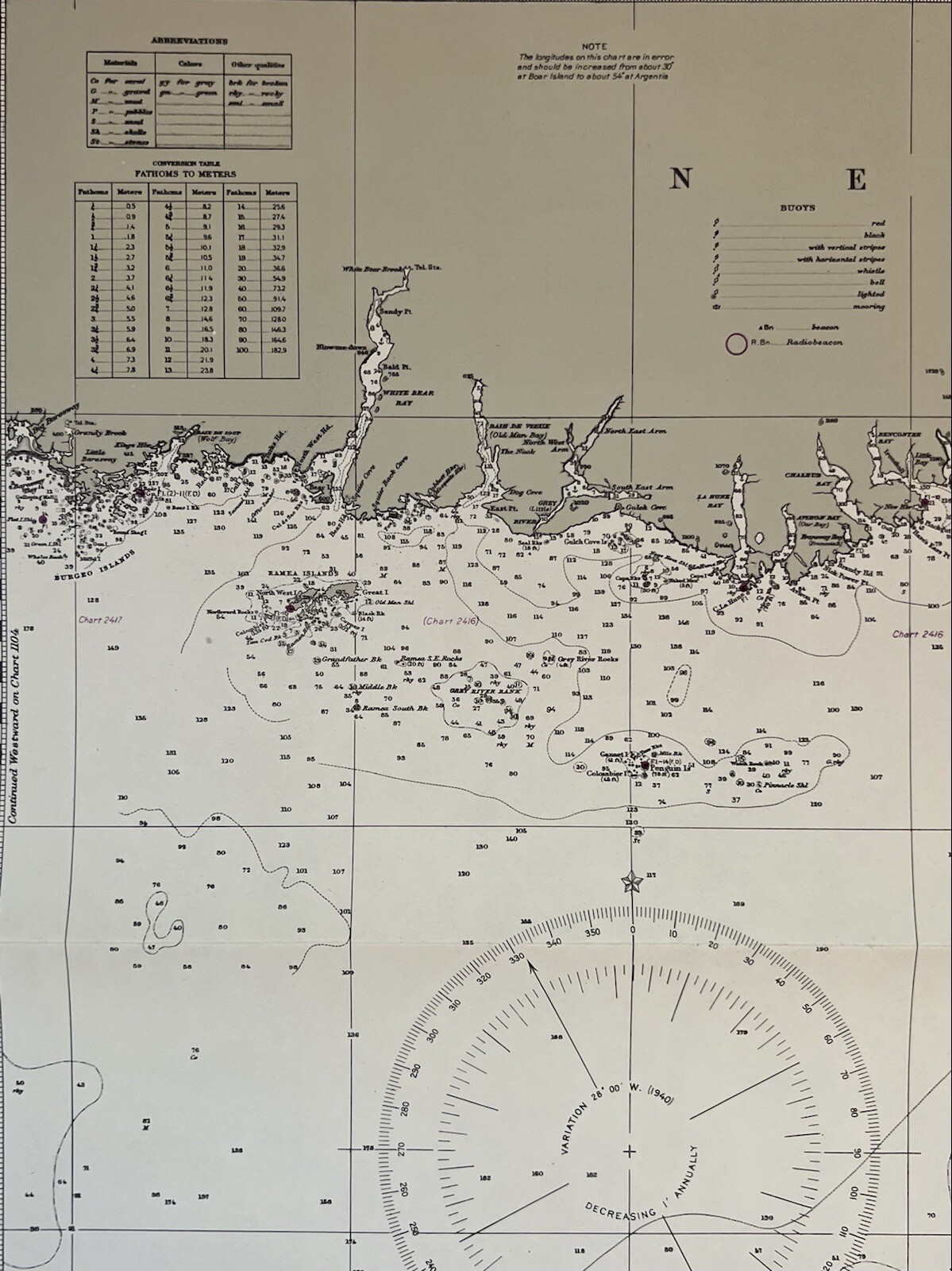 Original 1950s Nautical Chart Map,South Coast Newfoundland,Burgeo Islands,Canada