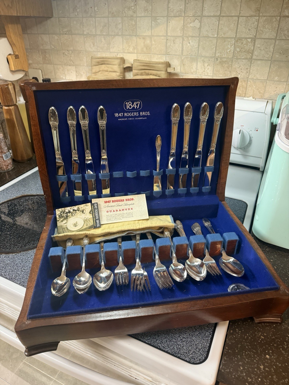 Roger Bros 1847 Silverware Set Blue. Box And Silverware Paperwork Included