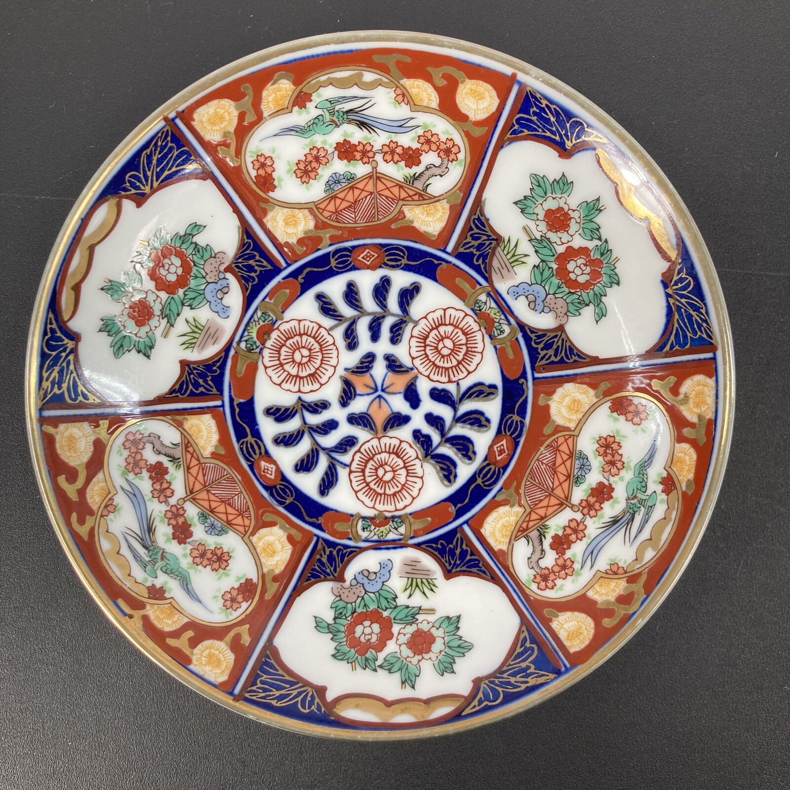 Vintage Japanese Gold Imari Hand Painted Plate 7 1/4 Floral Birds Red Blue