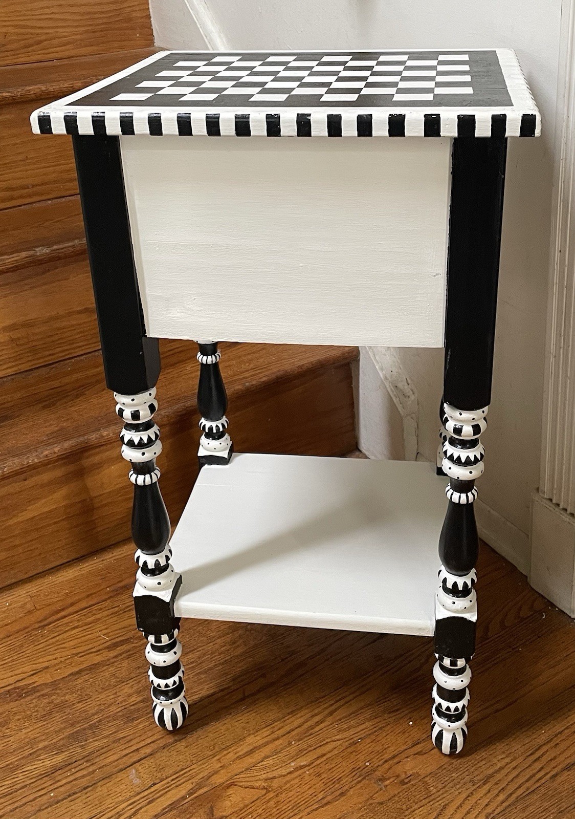 Whimsical Accent Table Side Table Hand Painted Black & White Antique