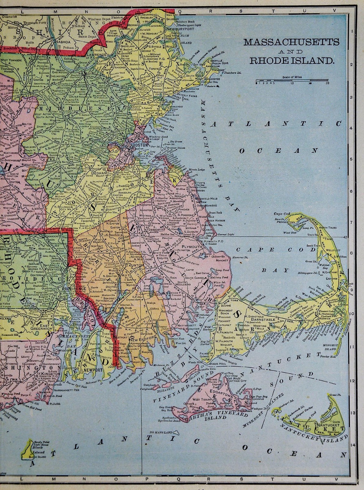 c 1899 Cram Map Massachusetts & Rhode Island Boston Plan Providence Cape Cod MA