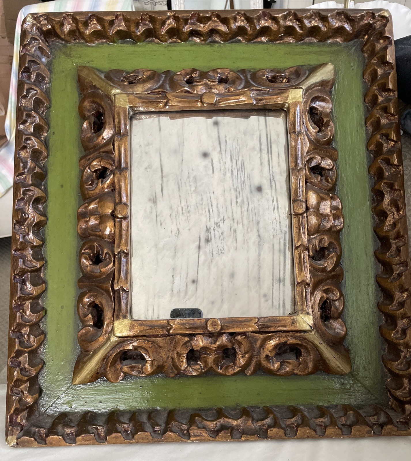 Vintage Italian Florentine Guilt Or Nate Green Mirror Rare 19 X 17 Authentic