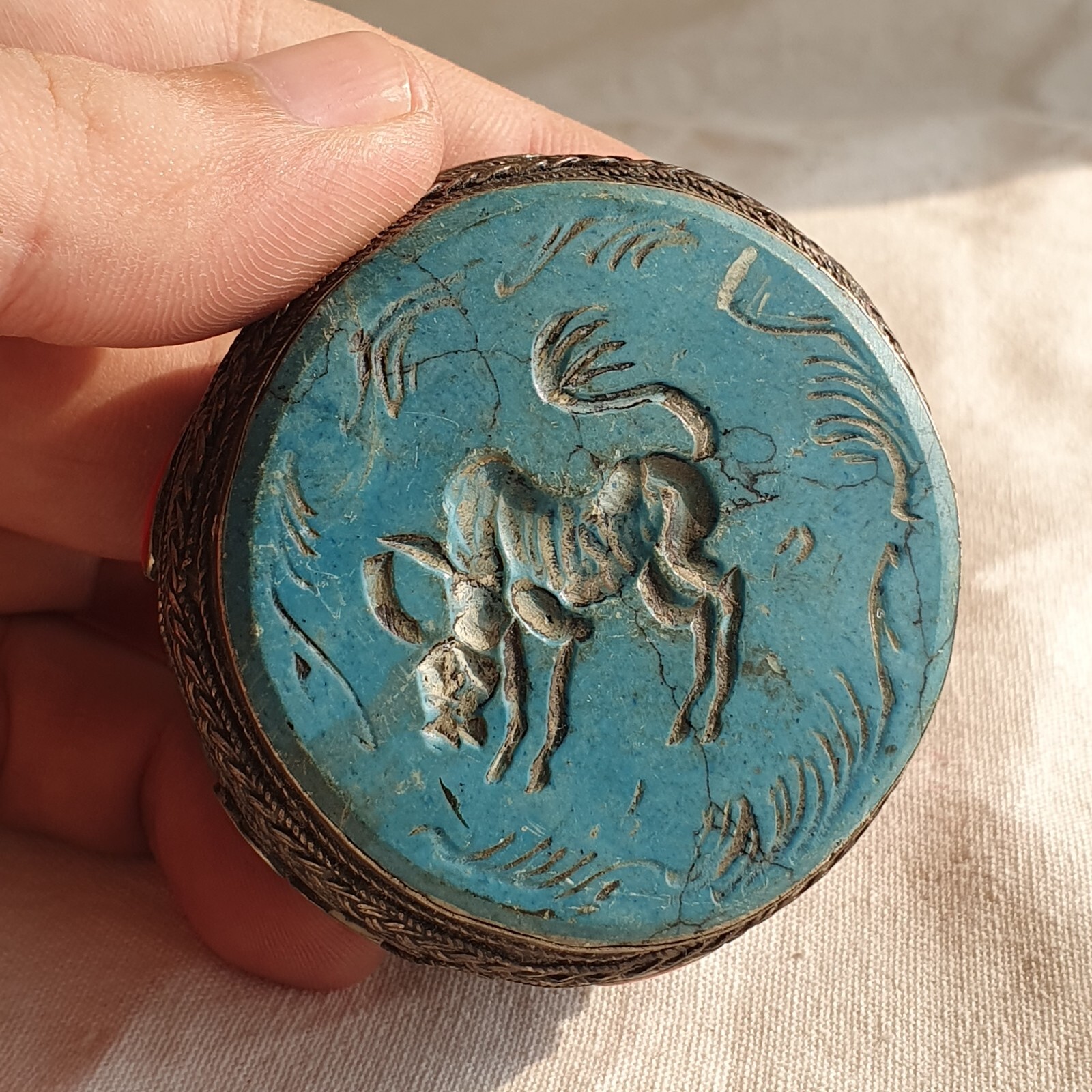 Ancient Near Eastern Mohenjo-Daro Intaglio Stone Mix Silver Decorated Big Ring