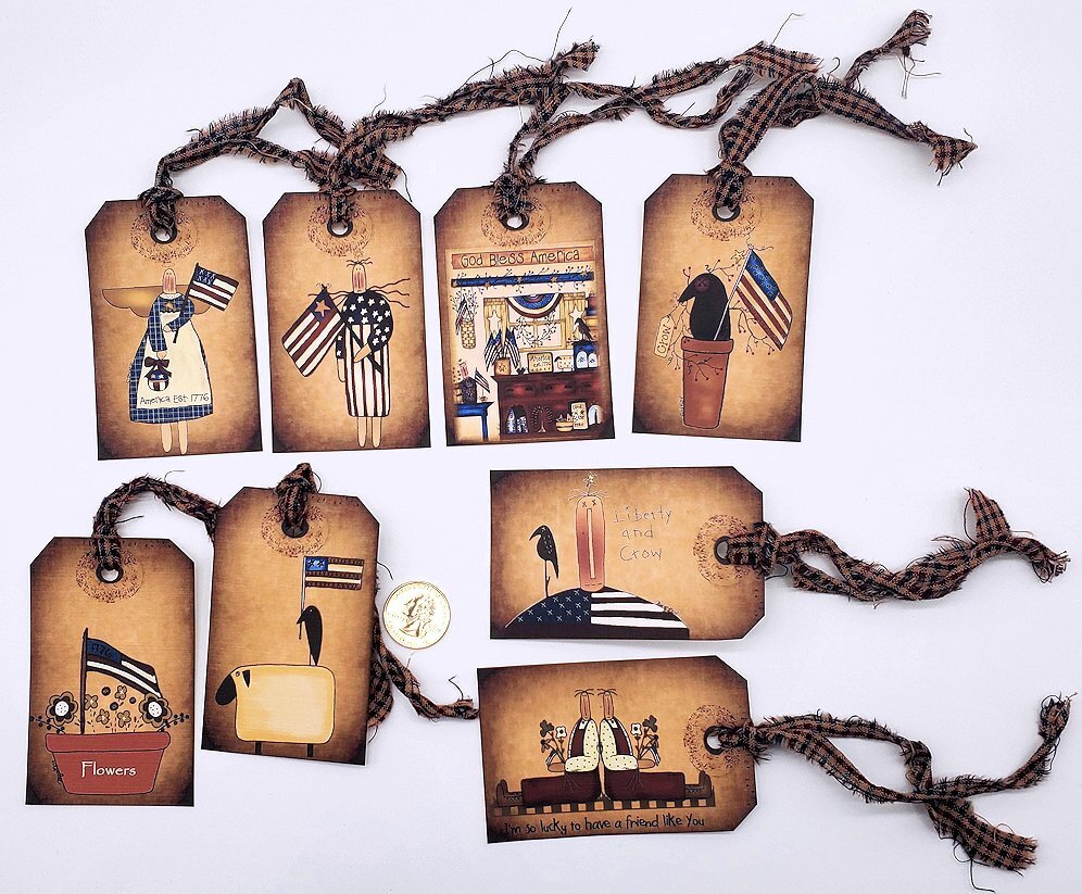8-4th Of July-Patriotic-Primitive-Handmade-Linen Cardstock-Crafts-Gift-Hang-Tags