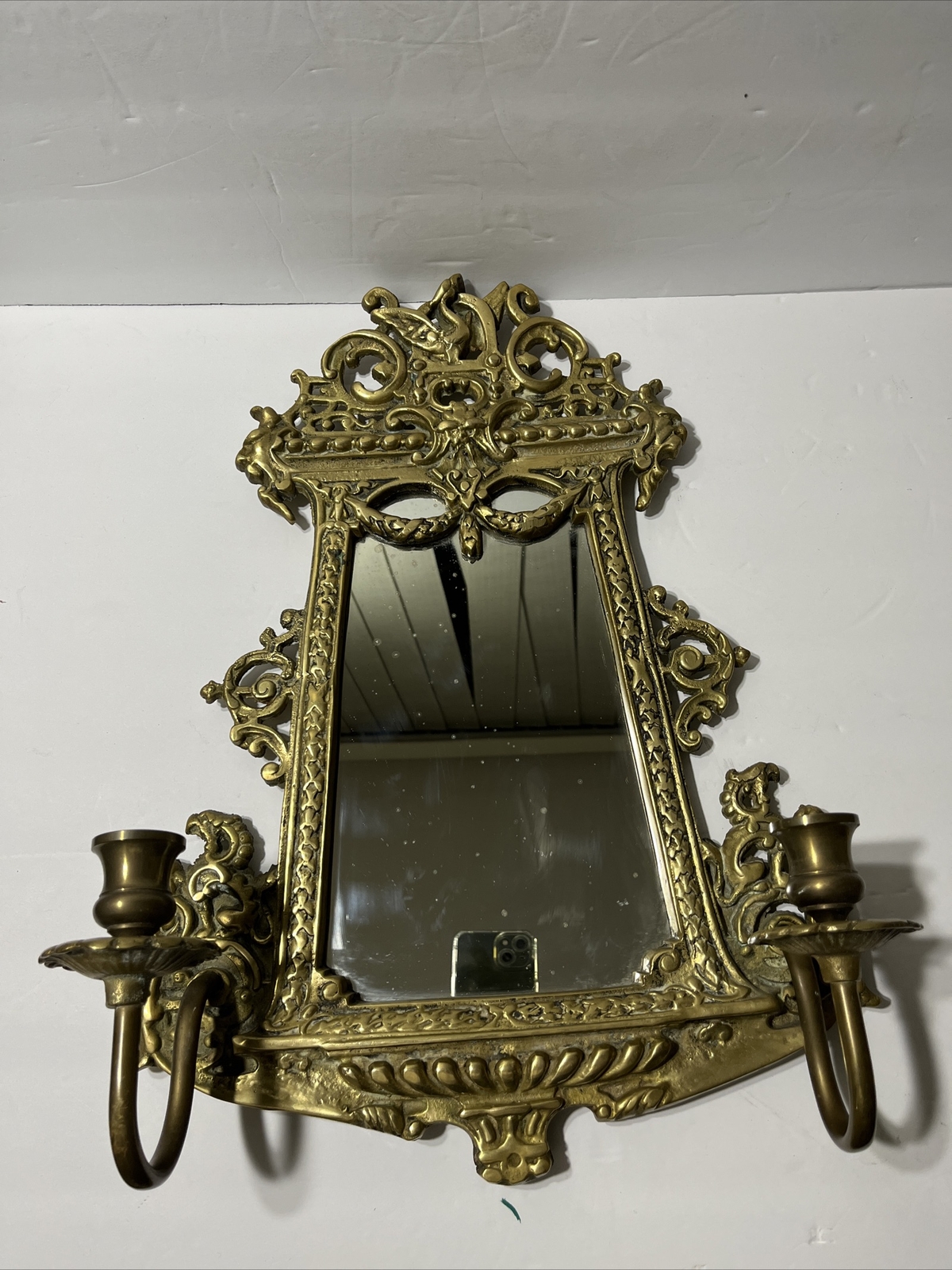 Antique French Style Lion, Face Brass Gold Gilt wall Mirror w/ 2 Candles Sconces