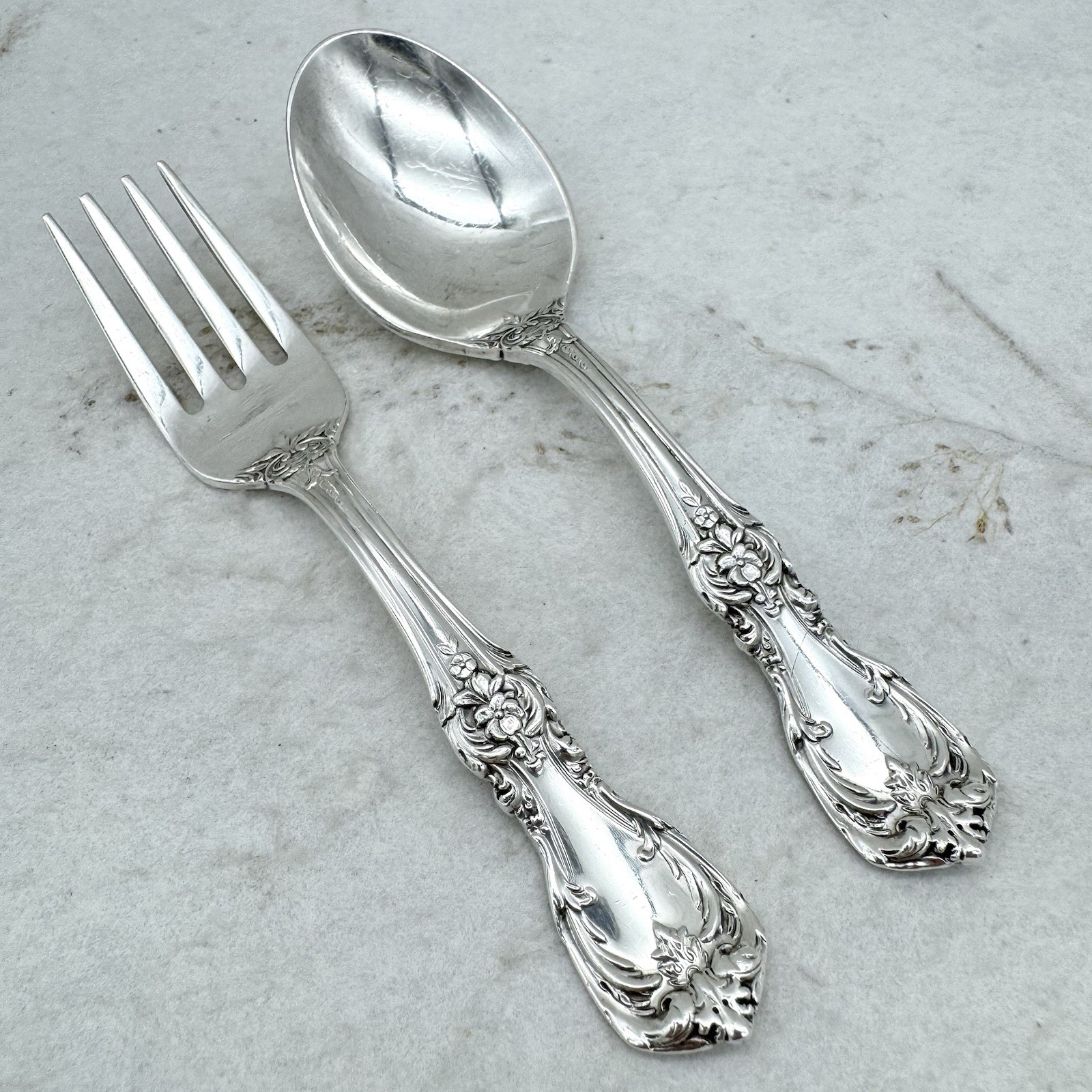 Reed and Barton Sterling Silver Burgundy 1949 Baby Spoon And Fork Set 2pc 4 1/2″