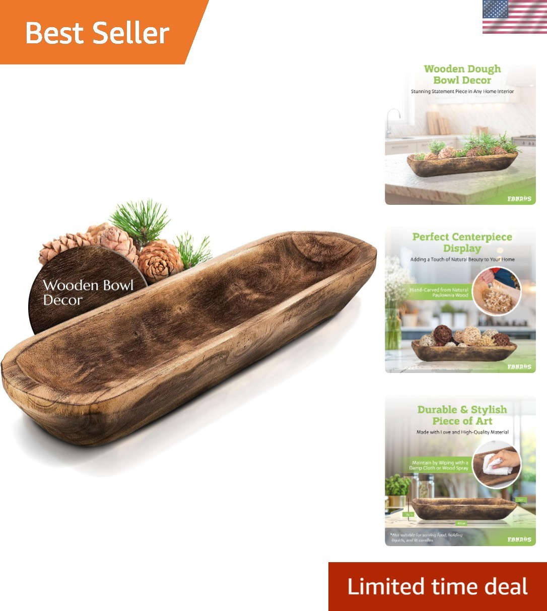 Timeless 17¾ in Hand-Painted Wooden Bowl – Perfect for Decor & Organization