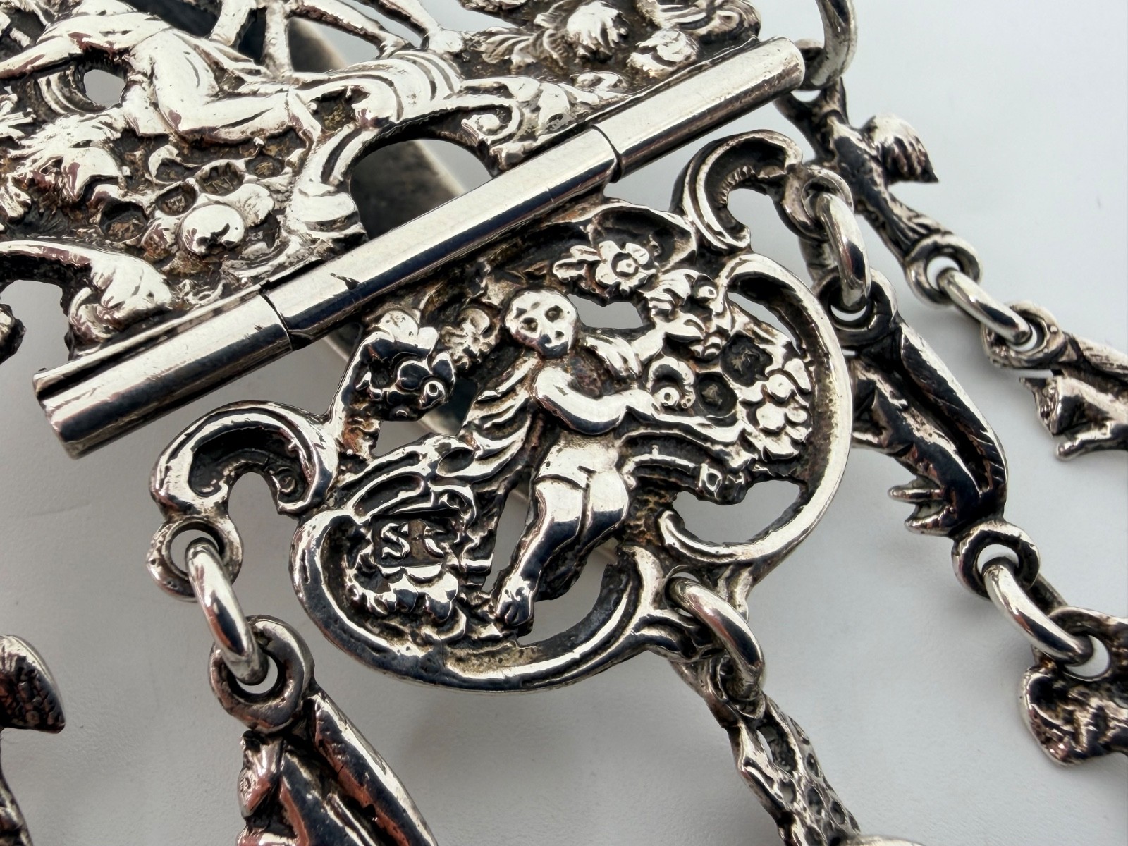 SOLID STERLING SILVER BEAUTIFUL VICTORIAN CHATELAINE AND FIVE CHAINS LONDON 1888