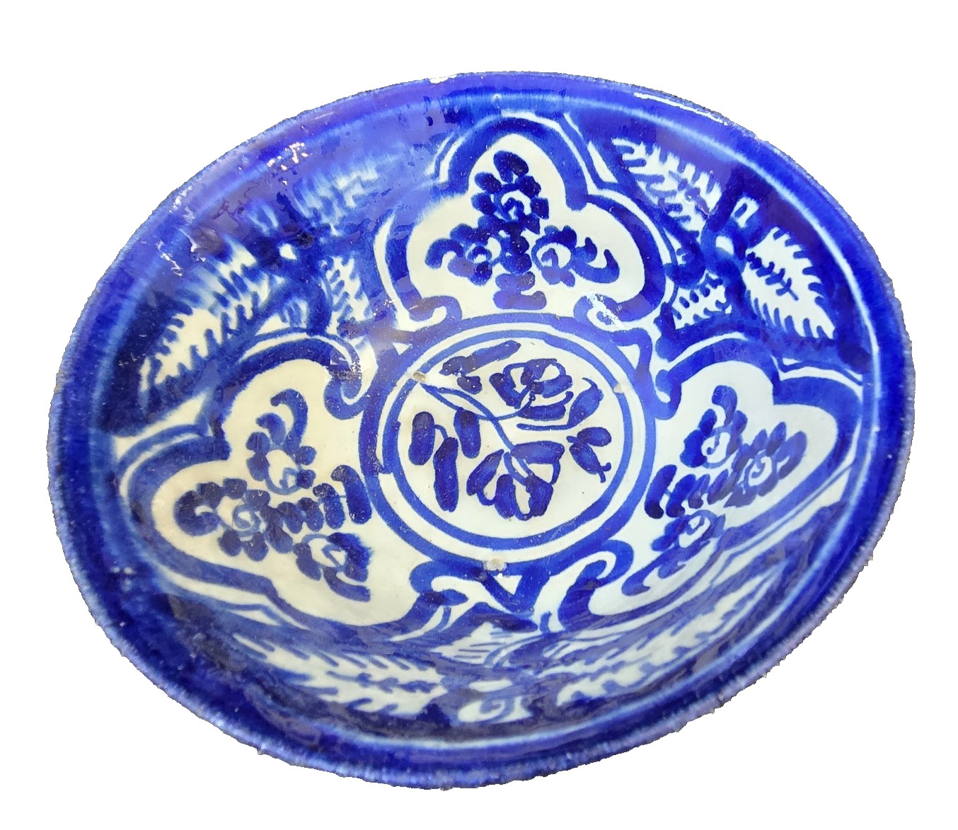 Antique Moorish Islamic Persian Cobalt Blue White Pottery Bowl 7.25″W X 3″H