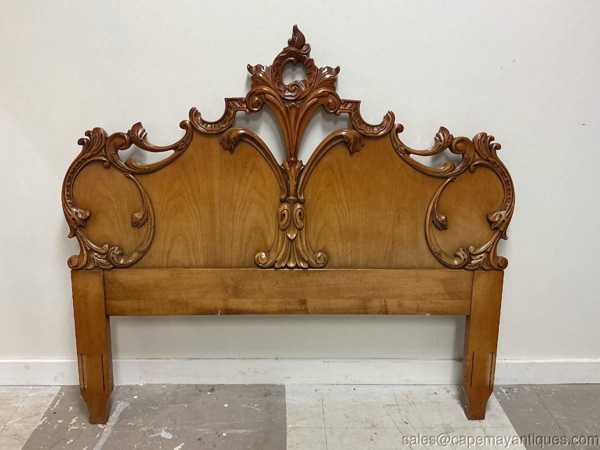 French Carved Wood Queen Headboard Intricate Scrolls Wreath Top