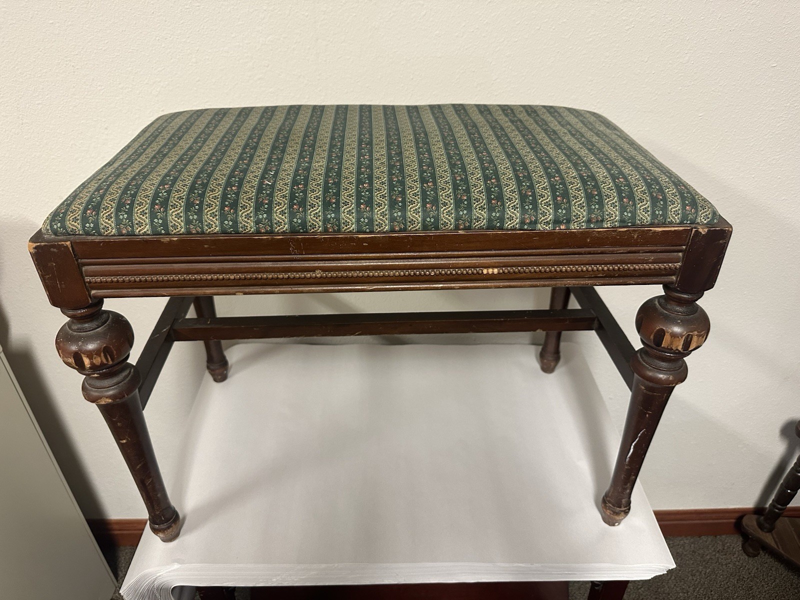 Vanity Bench Mahogany Green Vintage Fabric Hollywood Regency