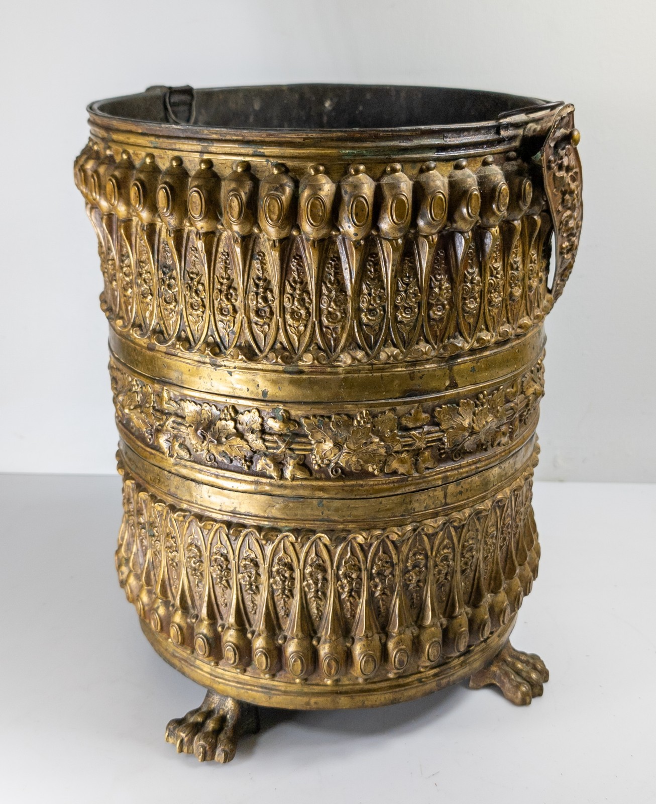 Antique 19th C Victorian French Repousse Brass Coal Scuttle Waste Basket Trash