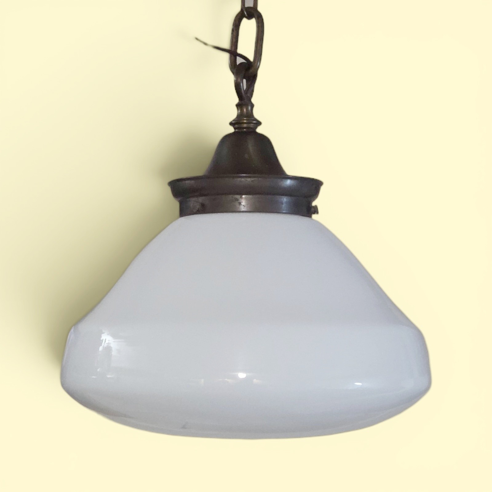 Antique Art Deco Schoolhouse Pendant Light Milk Glass Swag Lamp Brass 1930s