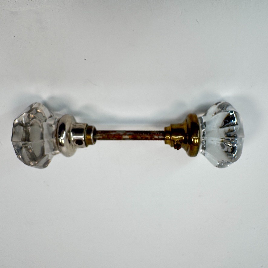 Vintage Clear Crystal 8-Sided Glass & Brass Door Knob Set Salvage
