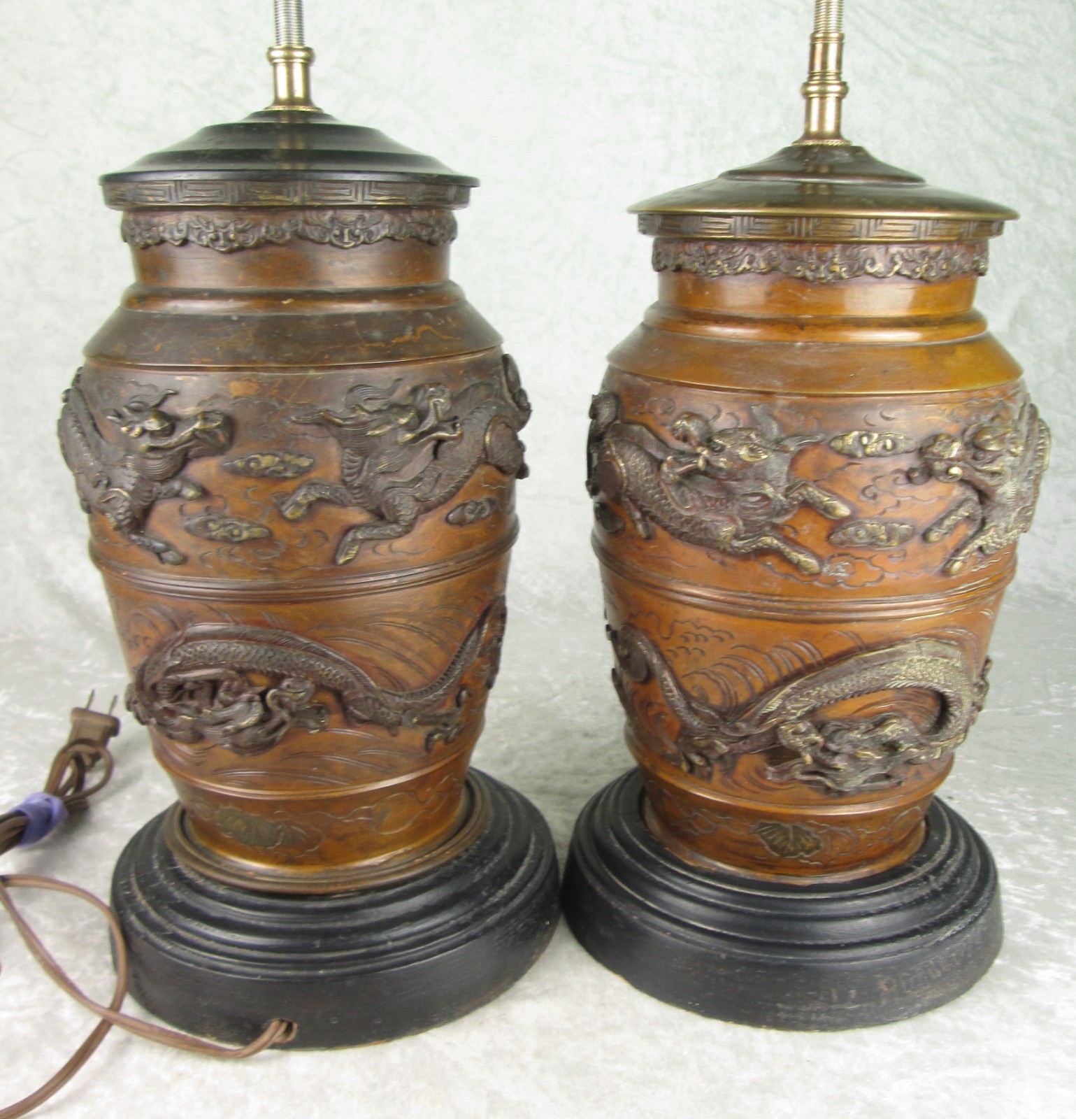 Japanese Bronze Dragon Vases Lamps Vintage Foo Dog Turtles Clouds
