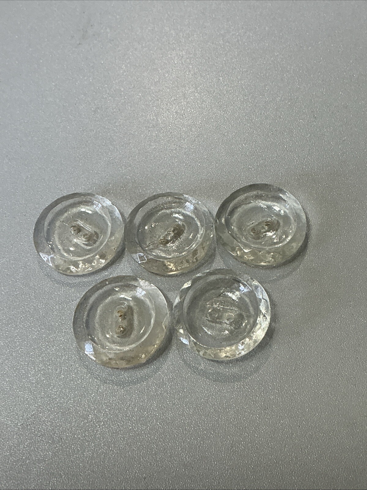 (5) Antique Clear Glass 2-hole 7/8” Buttons Concave Handmade – X13