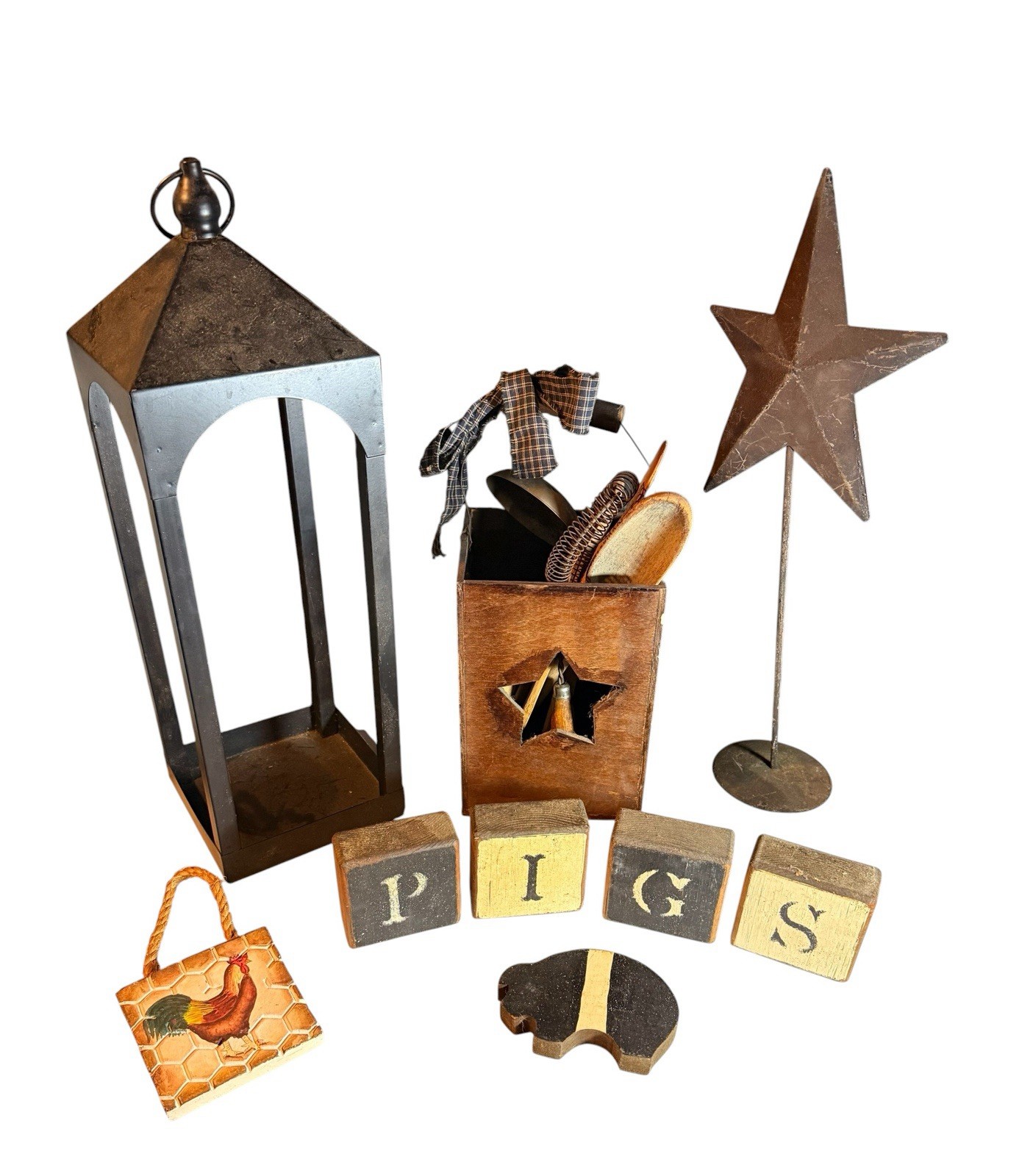 Rustic Primitive Decorative Home Decor Lot Star Rooster Lantern Blocks Utensils