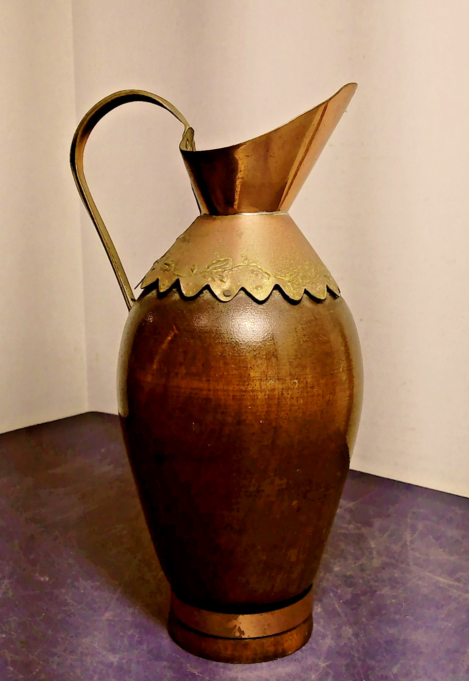 Antique Dinanderie Dinant Belgium Small Jug Pitcher Wood And Brass