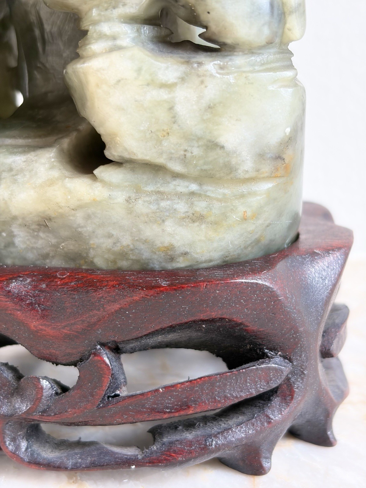 Antique Chinese Republic Era Suzhou Jade Serpentine Figurine & Stand